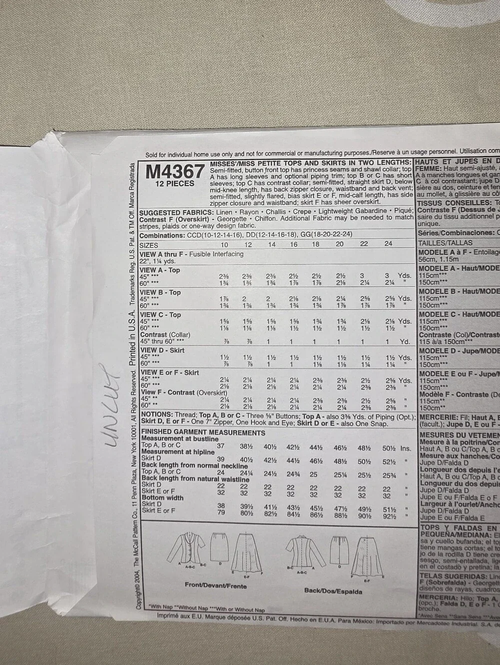 Sewing Pattern #M4367 Tops & Skirts Multicolor Size 10-16